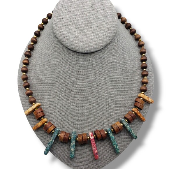 Vintage Wood Bead Alternating Gold Tone Spacers Natural Stone Drop Necklace Boho - Picture 9 of 9